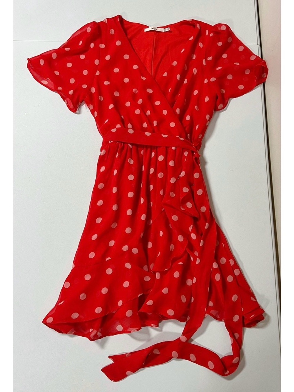 Imi Ami Red Polka Dot Dots Ruffle Belted Short Sleeve Mini Dress Size XXS 🤍❤️✨